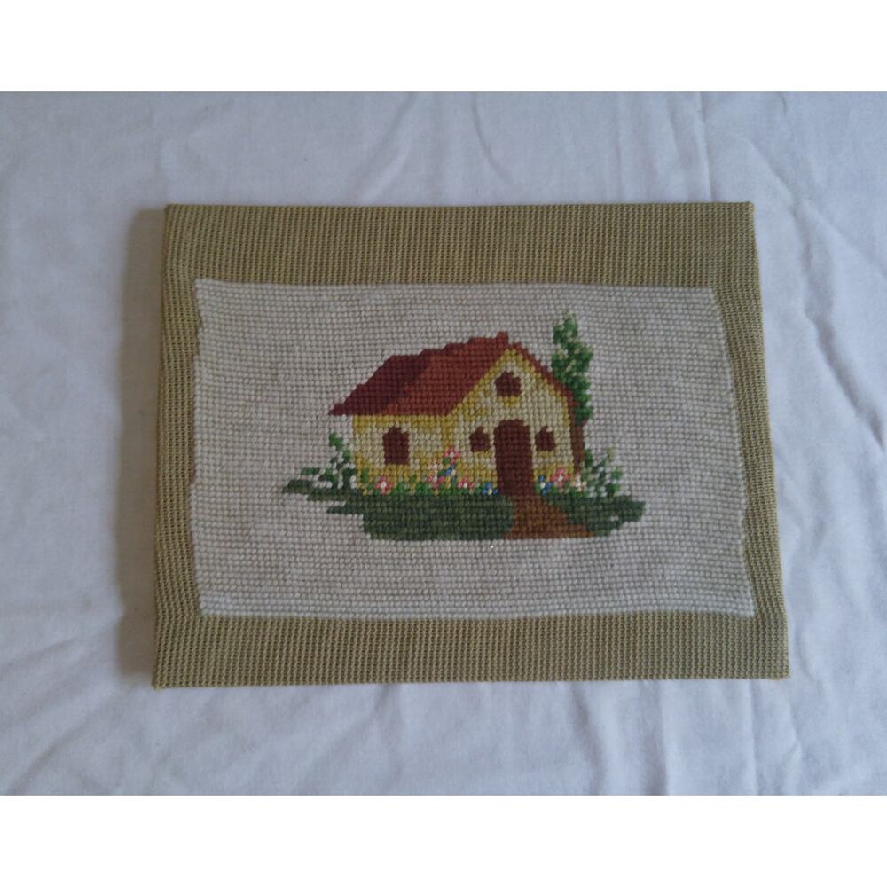 Vintage Cottage Needlepoint Picture 8x10 Wall Art
